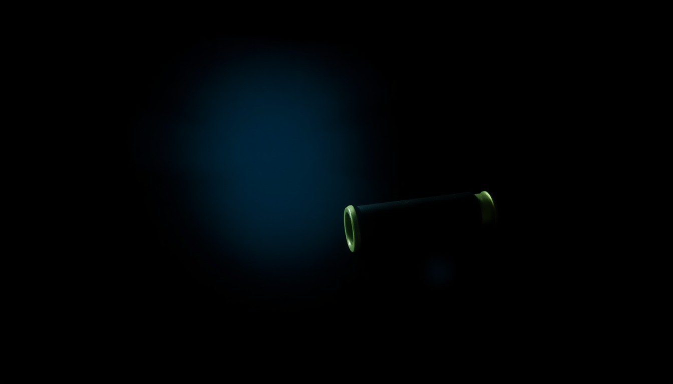 An extreme close-up of a single spent shell casing from a firearm, lit by a harsh, direct camera flash against a pitch-black background, conveying a stark, gritty, investigative mood without words.