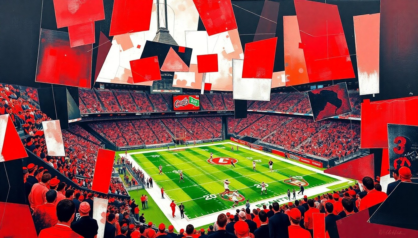 A fractured, cubist-style painting depicting a football game or match, with sharp, overlapping geometric planes in the Bearcats' official team colors of red, black, and white, capturing the energy and movement of the sport.