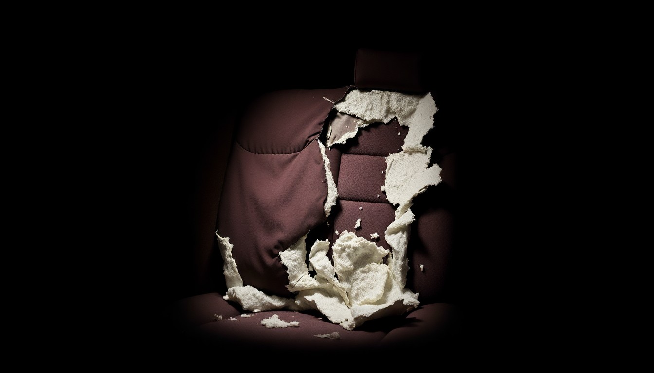 An extreme close-up photograph of a shredded car seat cushion, the torn fabric and exposed foam conceptually representing the damage from a fraudulent insurance claim.