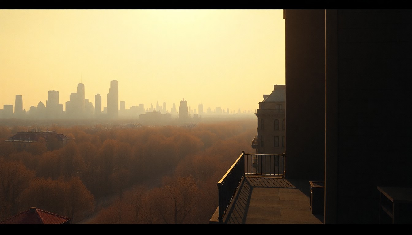 A serene oil painting depicting a solitary high-rise apartment building overlooking Central Park, with warm sunlight casting long shadows across the scene, conveying a sense of urban isolation and the wealth divide in the city.