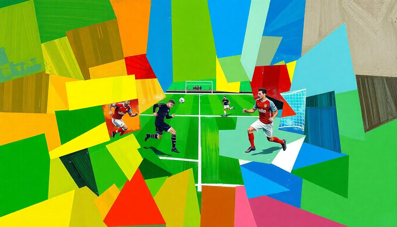 A fractured, cubist-style painting depicting a football game or match, with sharp geometric planes in the official colors of the teams involved, conceptually representing the strategic trade between the Jaguars and Falcons.
