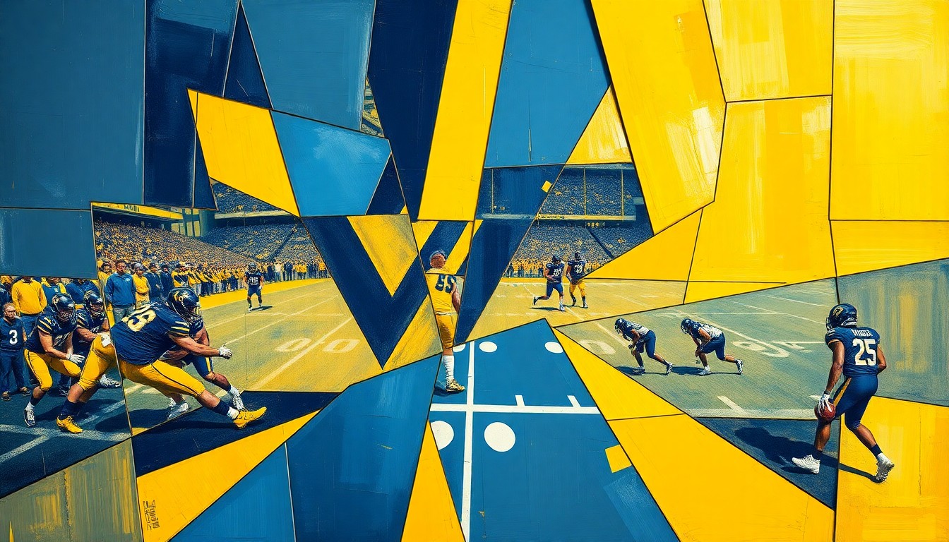 A cubist, geometric painting depicting overlapping planes of a college football practice or game, with the dominant colors being the official gold and blue of the West Virginia University team.