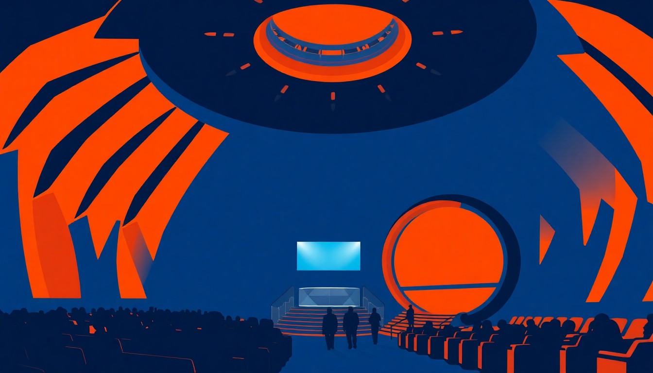 A striking abstract composition of jagged, geometric shapes in deep blue and bright orange, conceptually representing the spherical architecture and immersive technology of a futuristic entertainment venue.