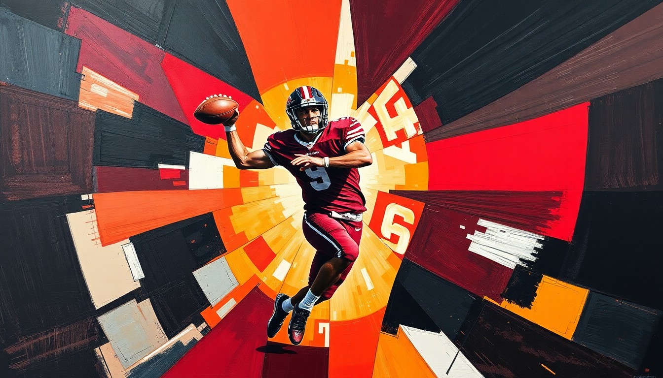 A cubist, geometric painting depicting a Gamecock football player in mid-throw, with the player's form broken into overlapping planes of garnet and black colors.