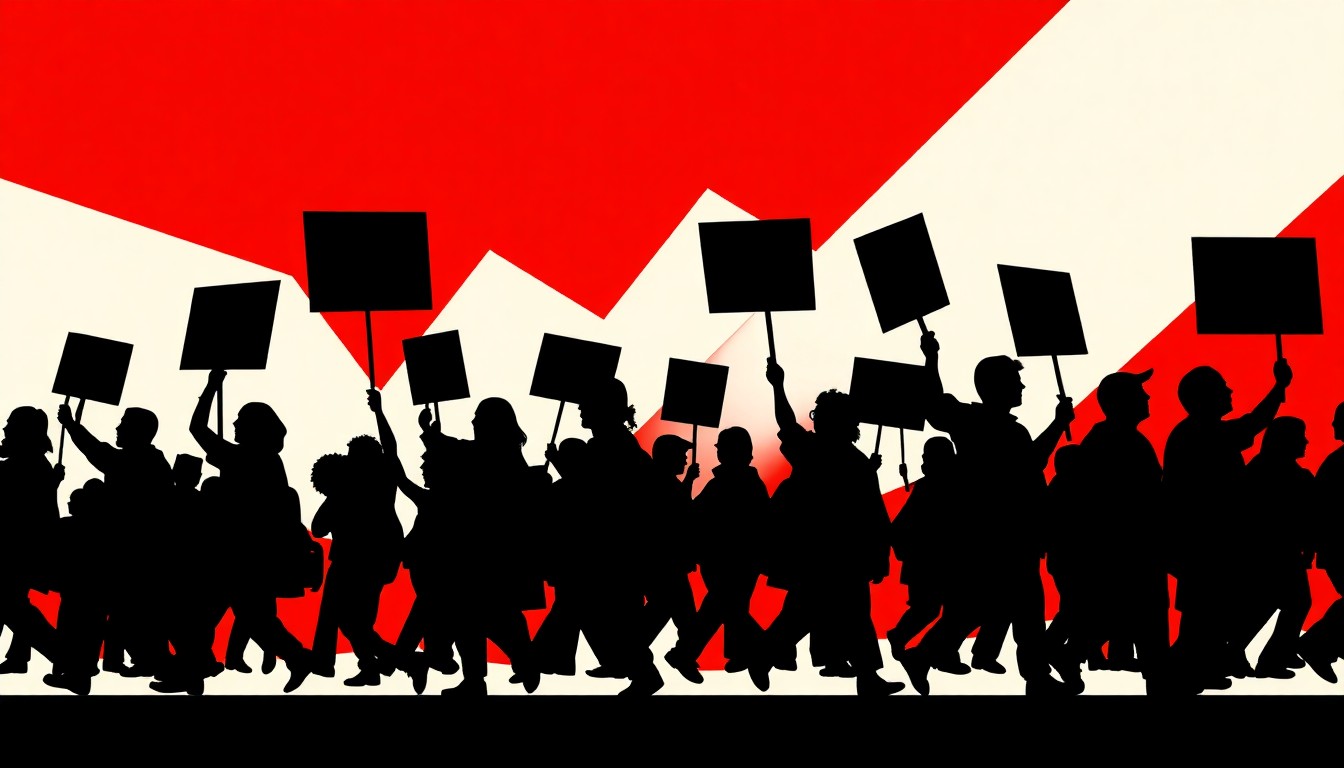 A minimalist, abstract poster design in black, red, and white, depicting stylized protesters marching against a geometric backdrop, conceptually representing the grassroots boycott campaign against the 'Bezos Met Gala'.