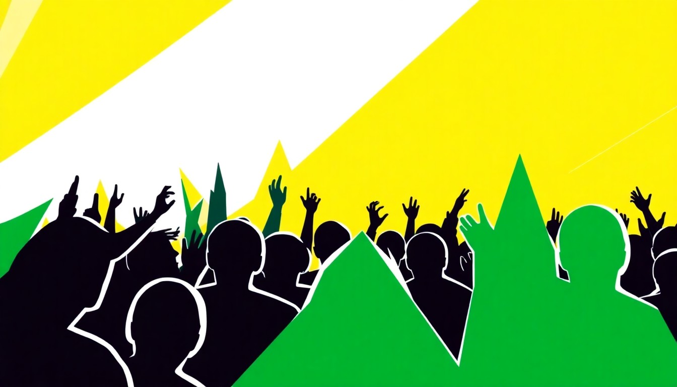 An abstract, minimalist illustration featuring bold, jagged shapes in shades of green and yellow, conceptually representing the Clinker smart bands and the idea of music fans connecting at a festival.
