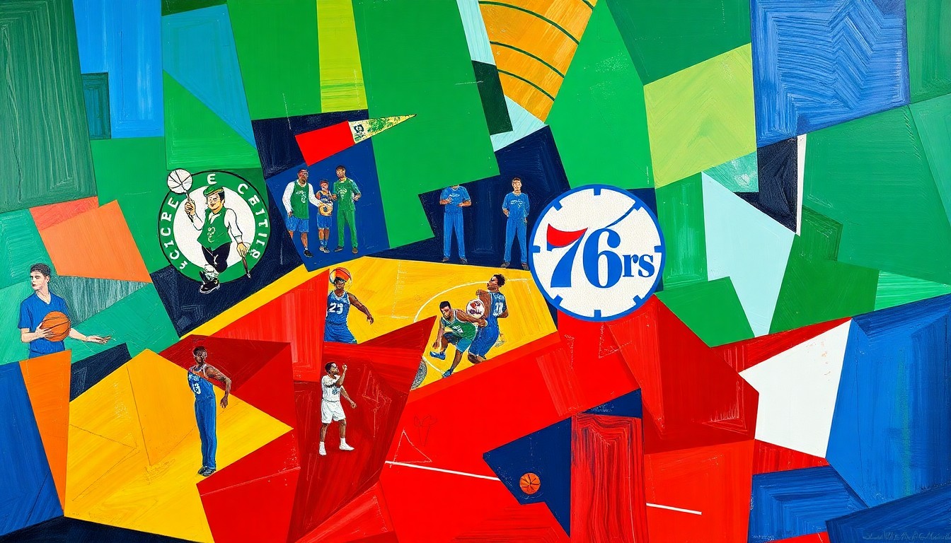 A fractured, cubist-style painting depicting the action of a basketball game, with sharp geometric shapes and planes of vibrant green, blue, and red colors representing the players and movement on the court.