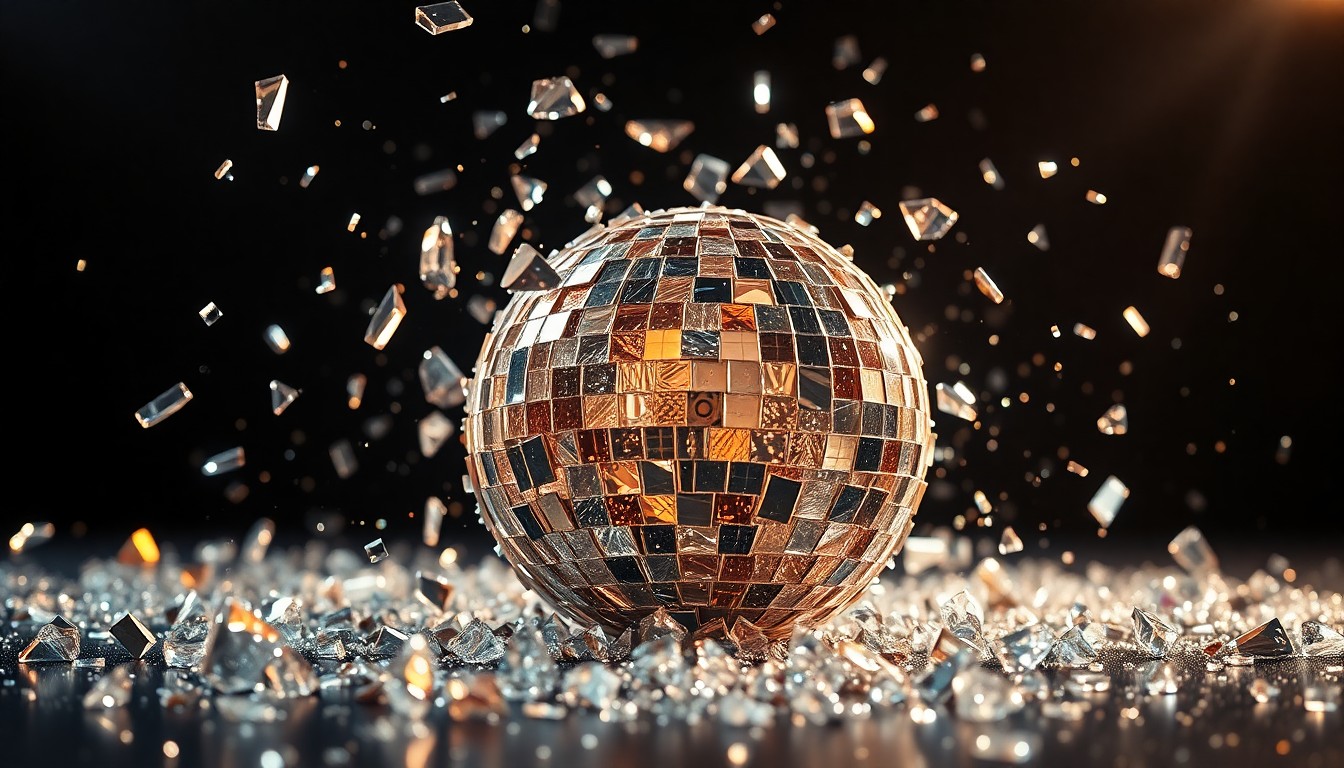 An abstract close-up photograph of shimmering, jagged shards of reflective disco ball glass, capturing the high-contrast glamour and spectacle of awards show culture.