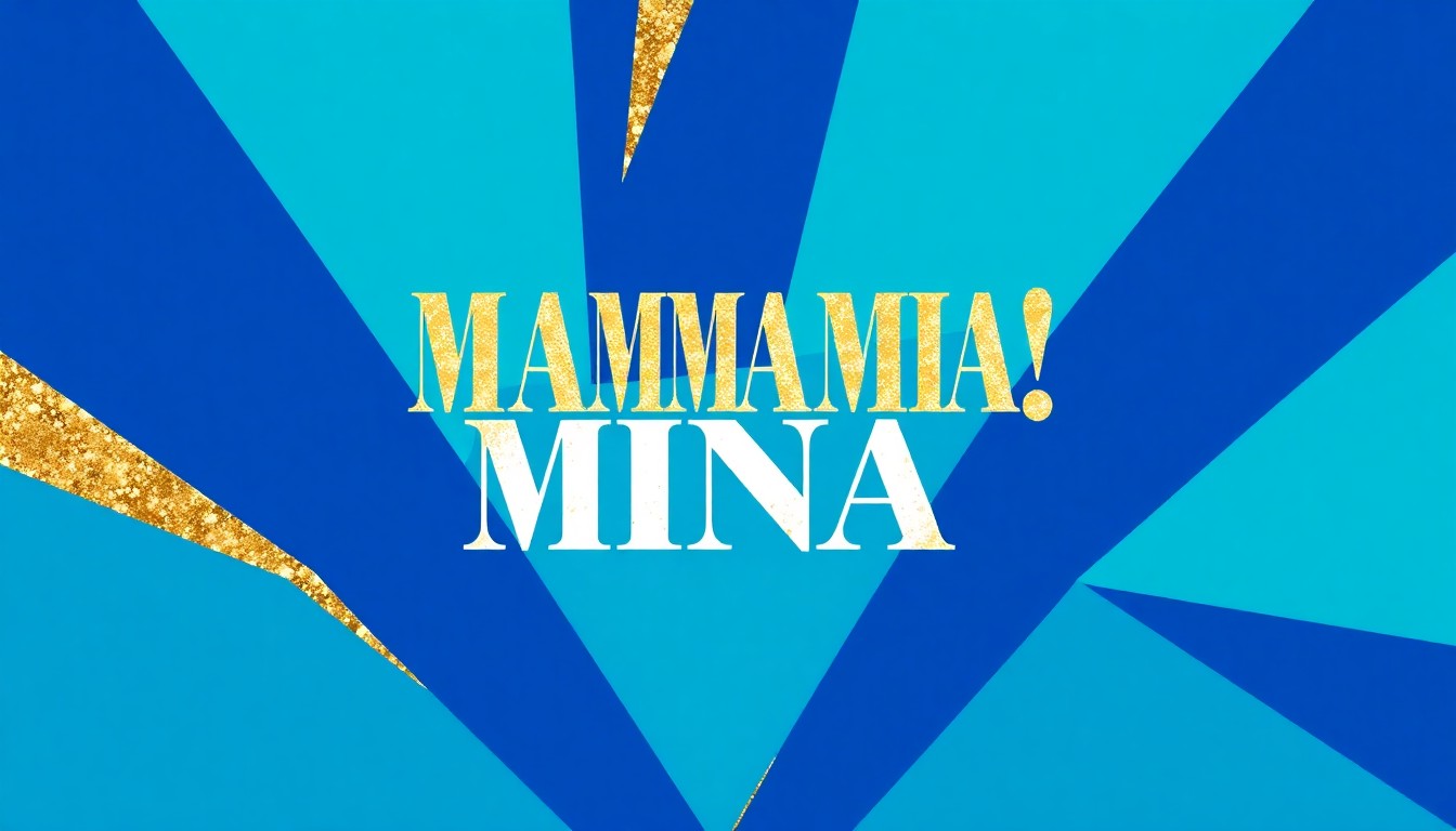 An abstract, minimalist composition of bold, jagged geometric shapes in shades of blue, teal, and gold, conceptually representing the vibrant energy and glamour of the 'Mamma Mia!' musical.