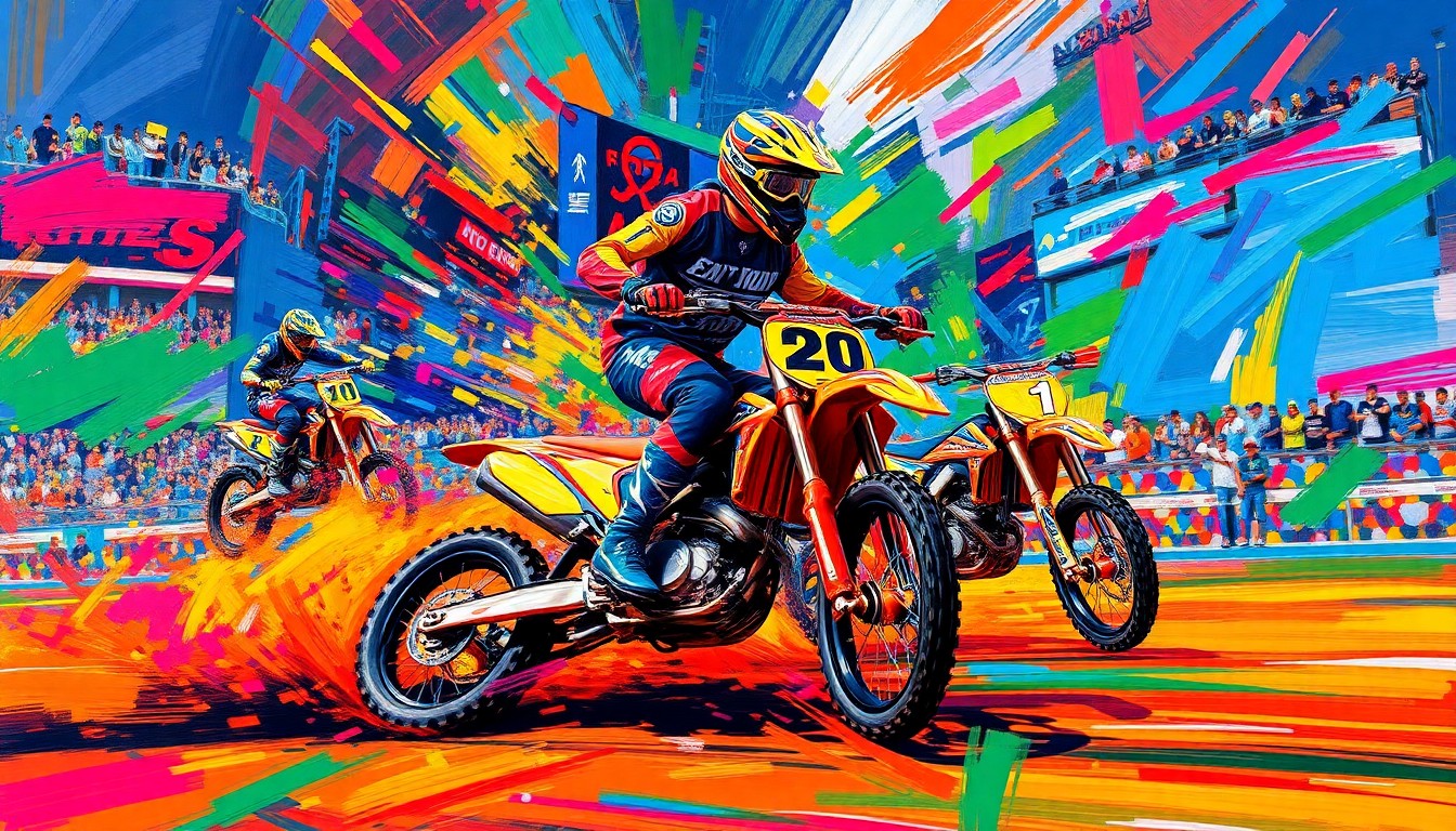 An extreme close-up of a motocross rider leaning into a sharp turn, with the bike's suspension and tires kicking up a spray of dirt, conveying the raw power and speed of the event.