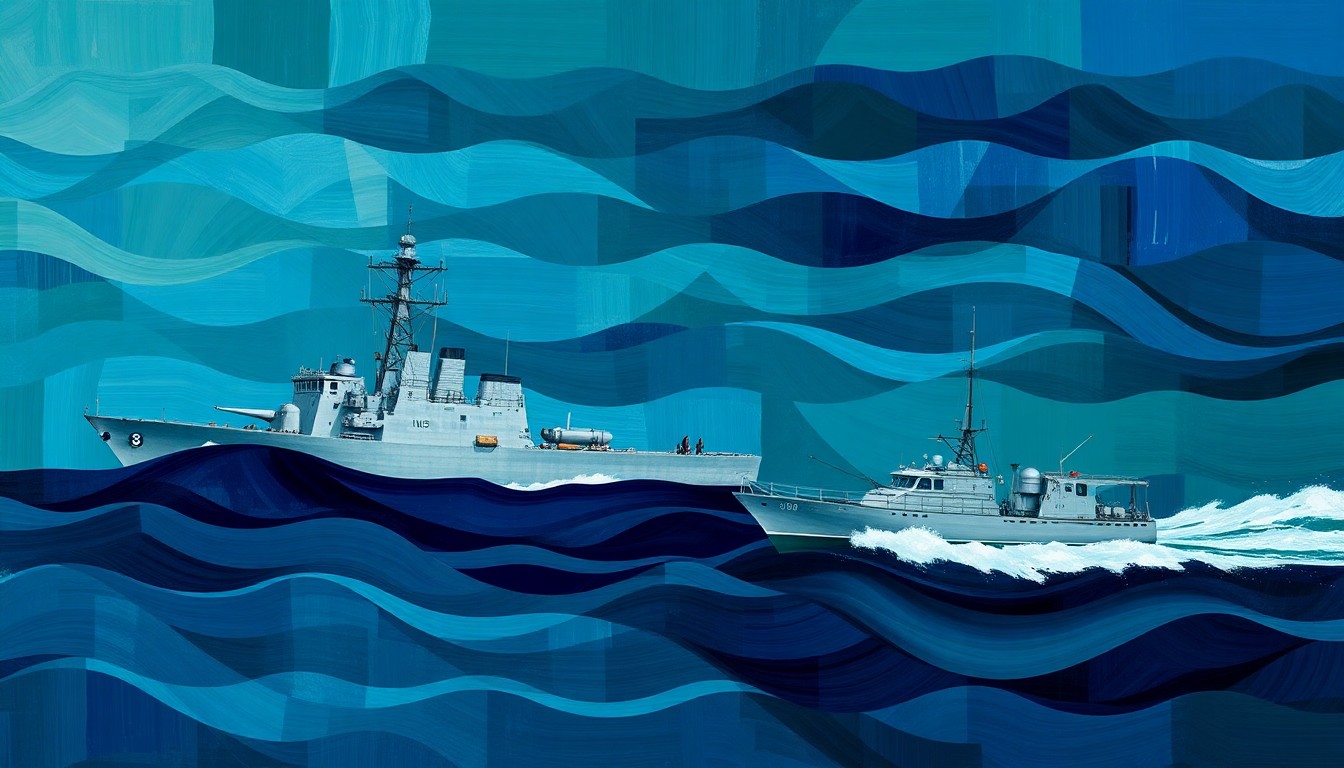 A dynamic, abstract painting depicting the overlapping, fractured silhouettes of a U.S. Navy destroyer and an Iranian patrol boat, conveying the heightened military activity and potential for conflict in the Strait of Hormuz.