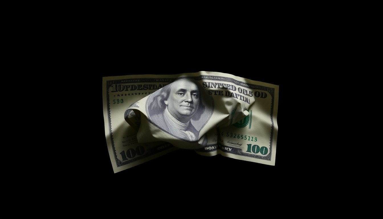 An extreme close-up photograph of a crumpled $100 bill against a pitch-black background, capturing the dramatic texture and material details under harsh, direct lighting to convey the serious, investigative nature of this crime.