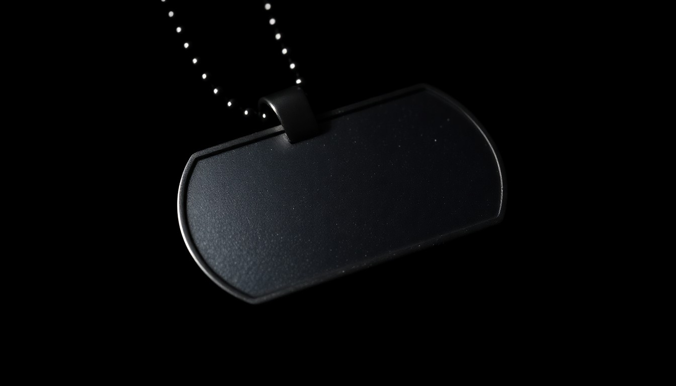 An extreme close-up photograph of a military dog tag with a textured metal surface, reflecting a harsh, direct camera flash against a pitch-black background, conceptually representing the solemn commitment of new service members.