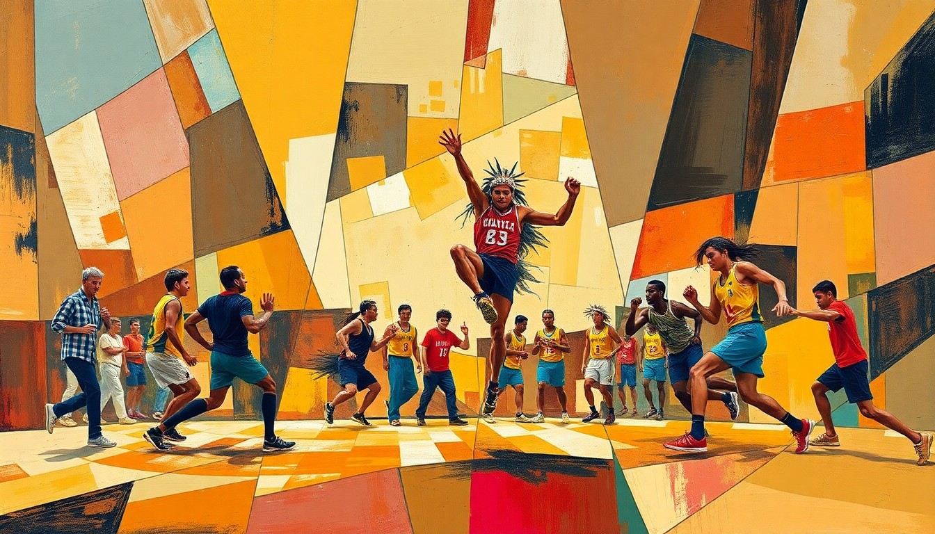 A cubist-style painting depicting a high kick competition at the Native Youth Olympics, with the athlete's body broken down into overlapping geometric shapes and planes of warm, earthy colors.