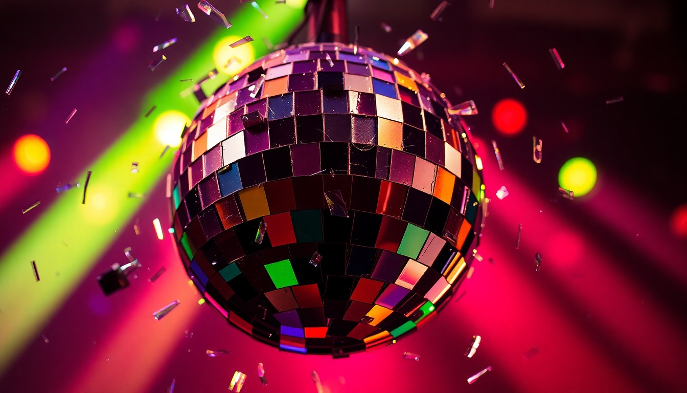 An extreme close-up photograph of shattered, reflective glass fragments in vibrant hues of blue, purple, and yellow, capturing the high-energy atmosphere of a rock concert through an abstract, textural composition.