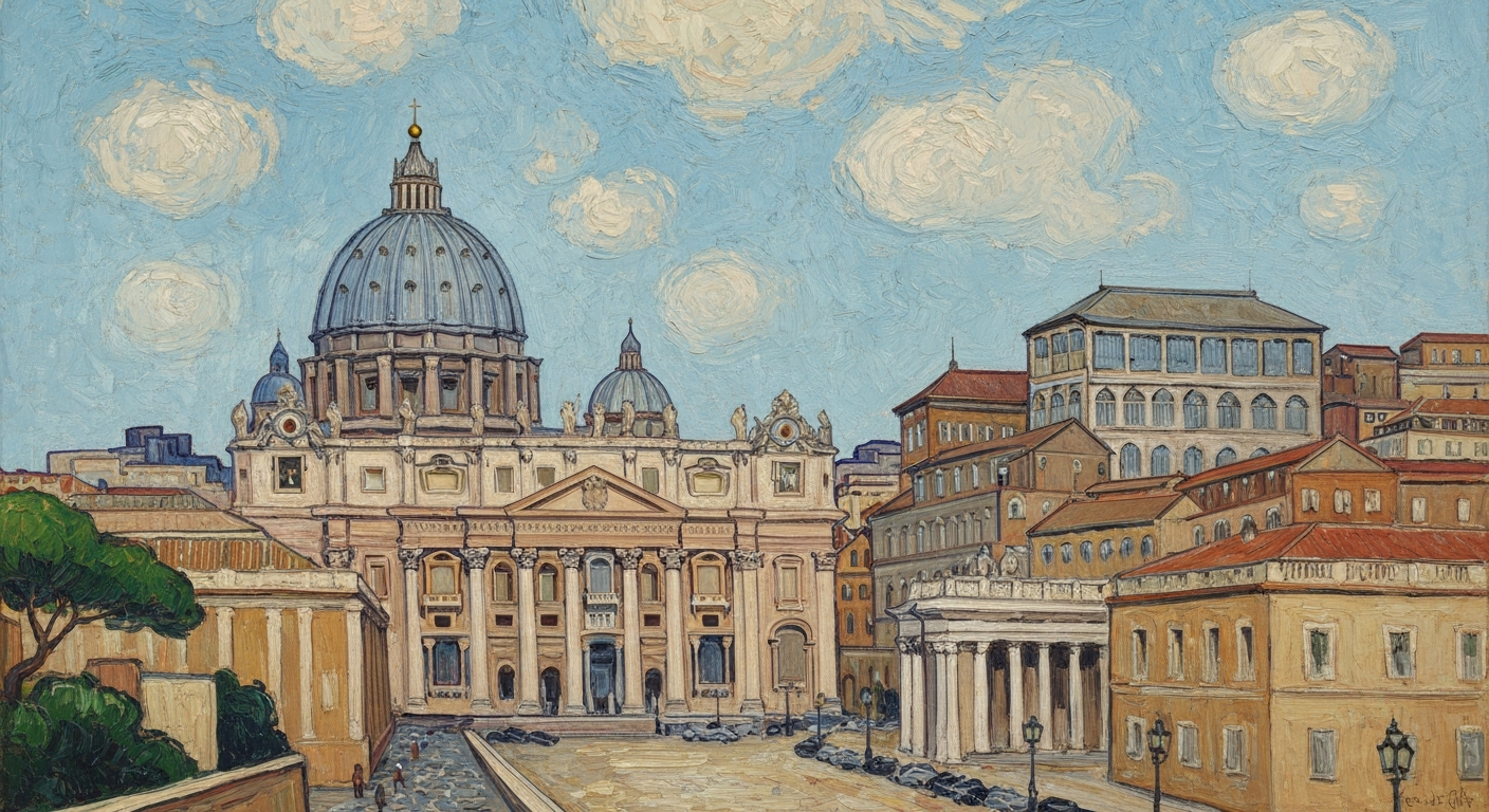 A vibrant, textured oil painting in the style of Van Gogh, depicting the iconic domes and architecture of Vatican City in Rome, with thick, expressive brushstrokes in warm Mediterranean colors.