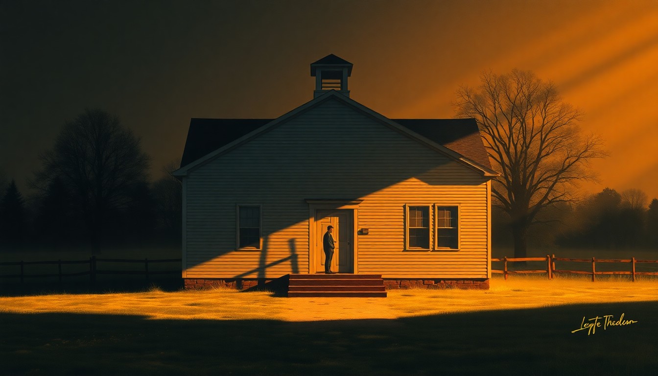 A serene, nostalgic painting of a rural schoolhouse with a lone figure standing on the steps, capturing the quiet determination of a community-driven effort to address local education issues.