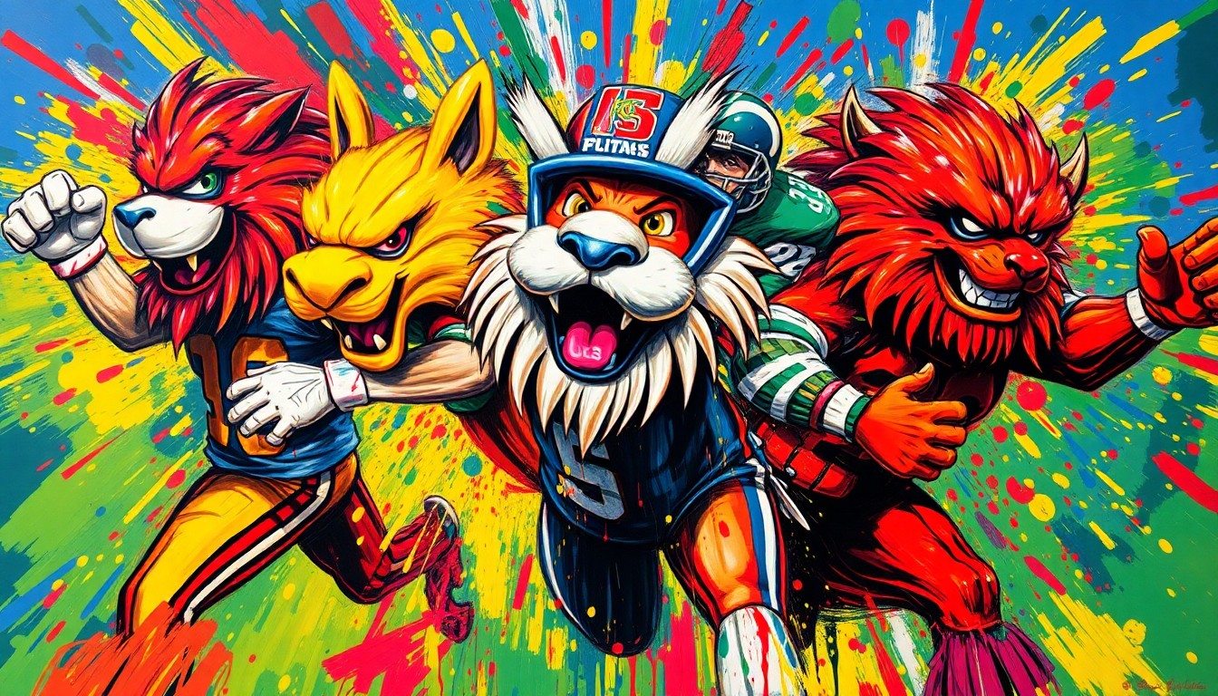 An abstract, expressionist painting in vibrant neon colors, featuring the energetic movements and silhouettes of various sports mascots, their distinct features and identities blending together in a dynamic, artistic composition.