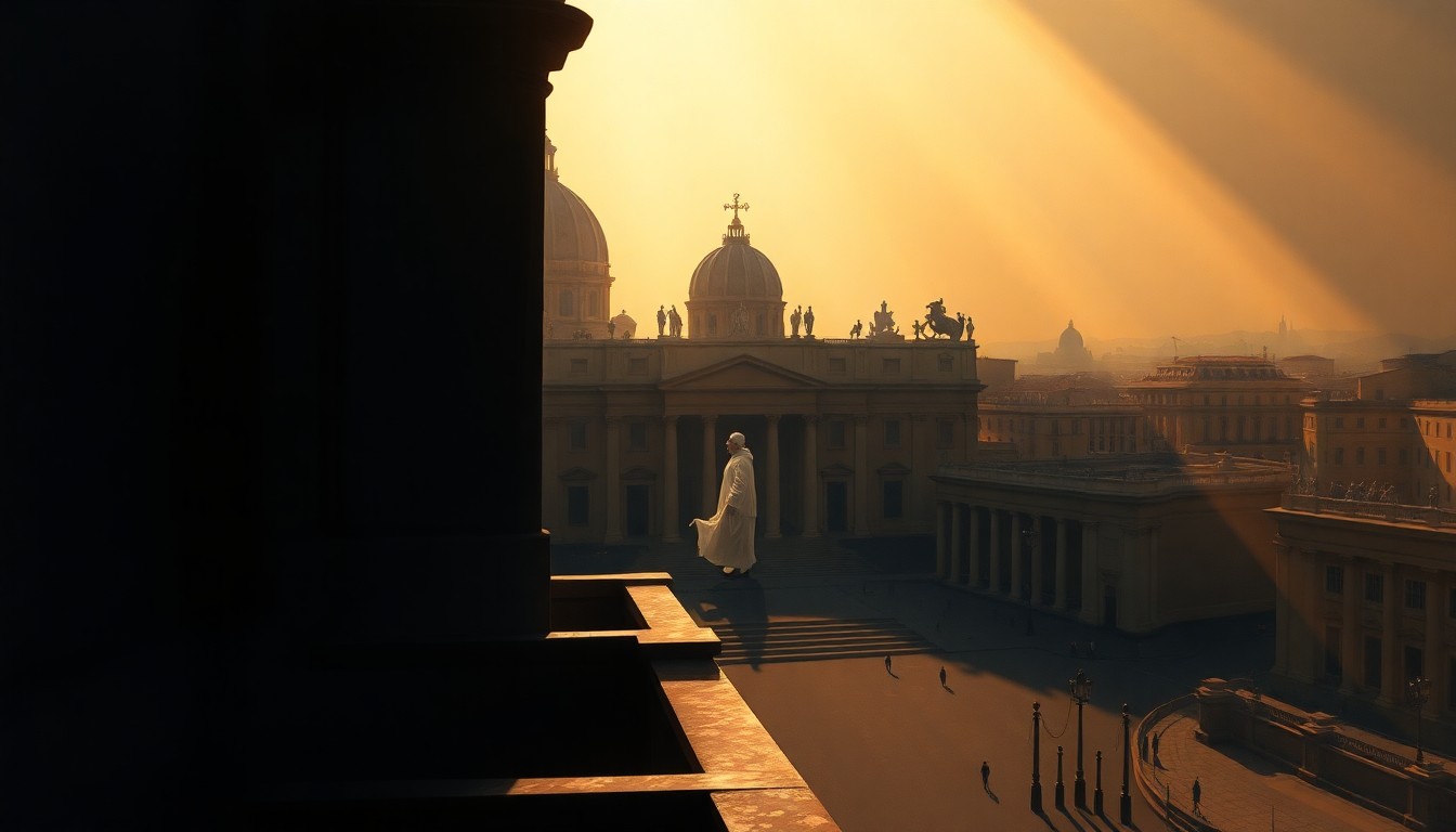 A cinematic painting of a Vatican building with a lone figure in a white robe standing on a balcony, the scene bathed in warm, diagonal sunlight and deep shadows, conveying a contemplative and introspective mood.