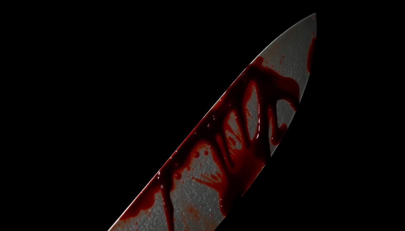 An extreme close-up of a bloodied knife blade, captured in stark, gritty detail under harsh flash lighting against a dark background, conceptually representing the violence of a fatal stabbing incident.