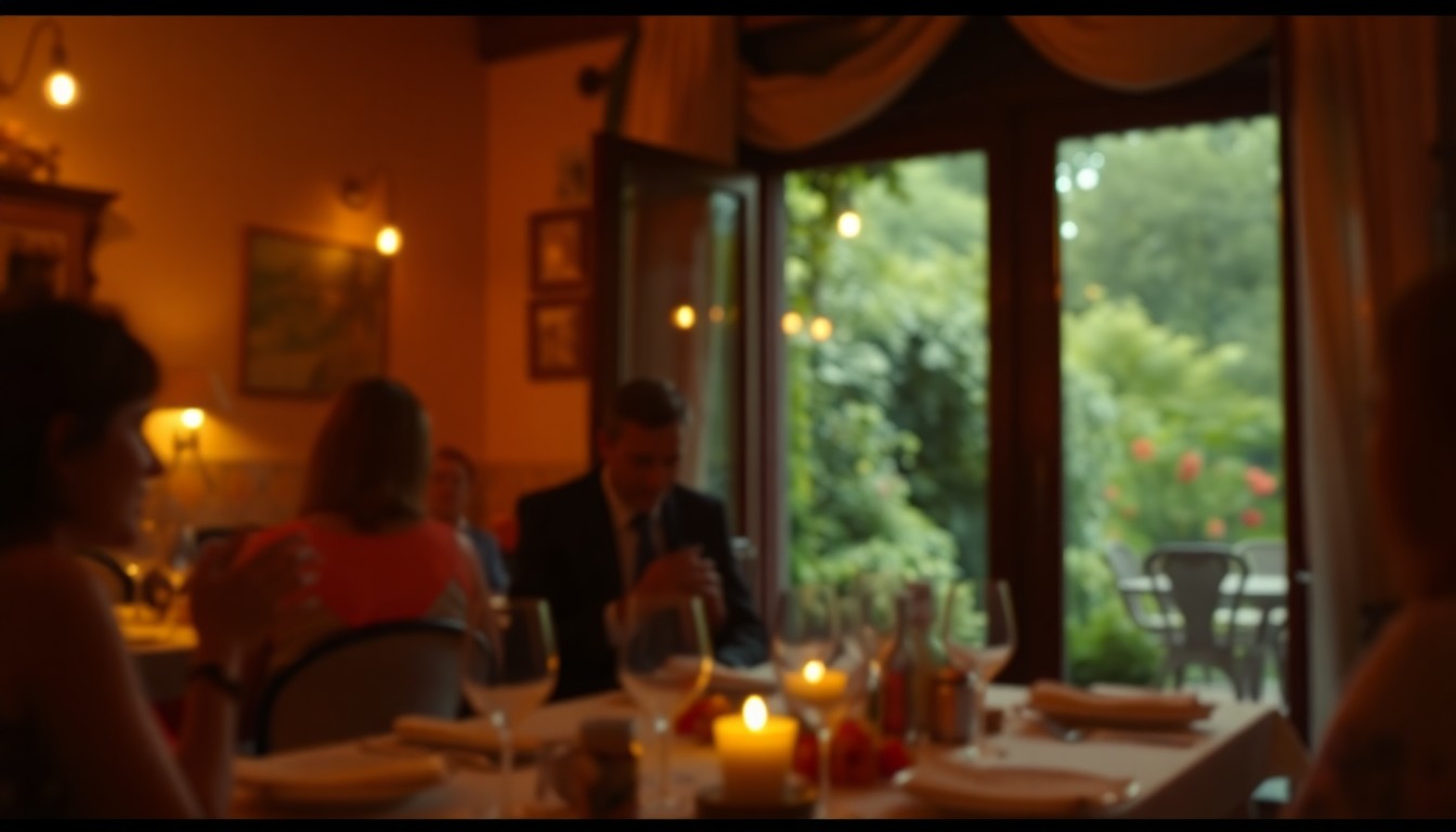 An extremely abstracted, out-of-focus photograph shot through condensation or rain-streaked glass, depicting a warm, intimate Italian dining scene with blurred figures, tableware, and a glimpse of a lush garden outside.