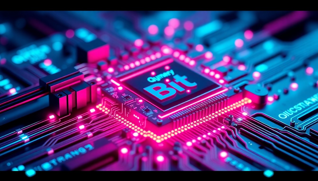 A highly detailed, glowing 3D illustration of a futuristic quantum computer processor, with neon cyan and magenta lights illuminating the intricate circuitry and components, conceptually representing the advanced technology powering BitsStrategy's new quantum AI trading app.