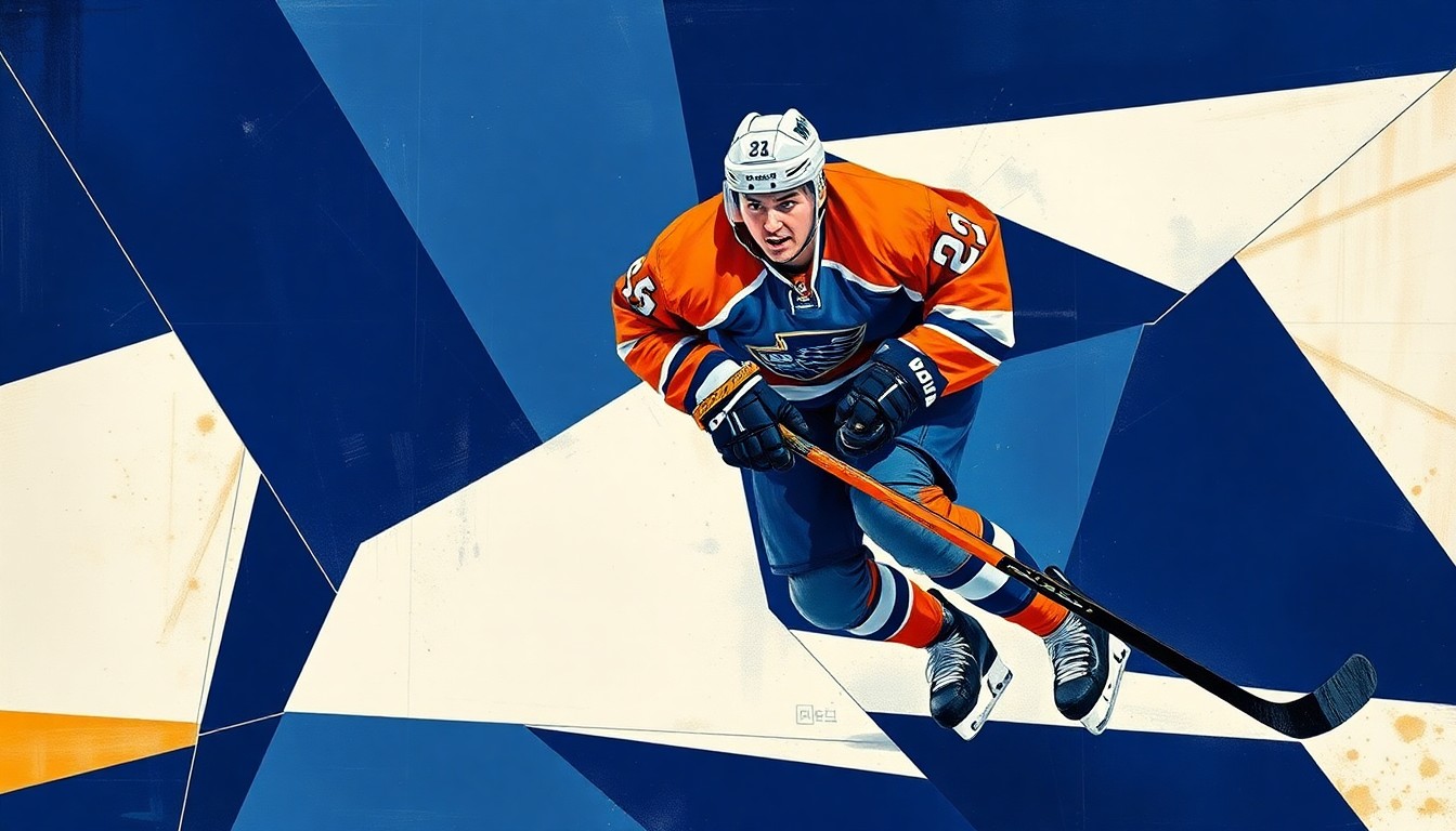 A fragmented, geometric painting depicting a hockey player in motion, with sharp planes of navy blue, orange, and white representing the raw energy and intensity of the sport.