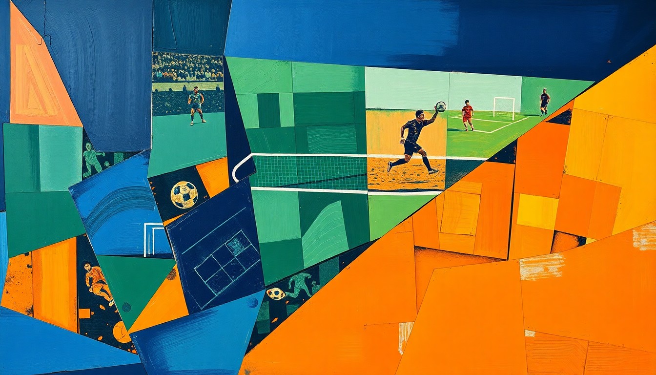 A cubist, geometric painting depicting the fragmented action of a football game, with sharp planes of navy, green, and orange intersecting to create a dynamic, abstract composition.
