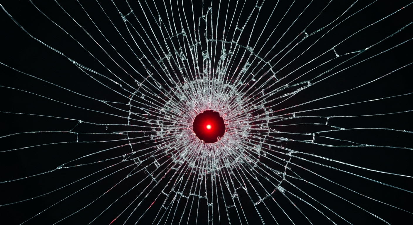 An extreme close-up of a shattered car sensor lens reflecting a faint red light, conceptually illustrating the vandalism of self-driving cars.