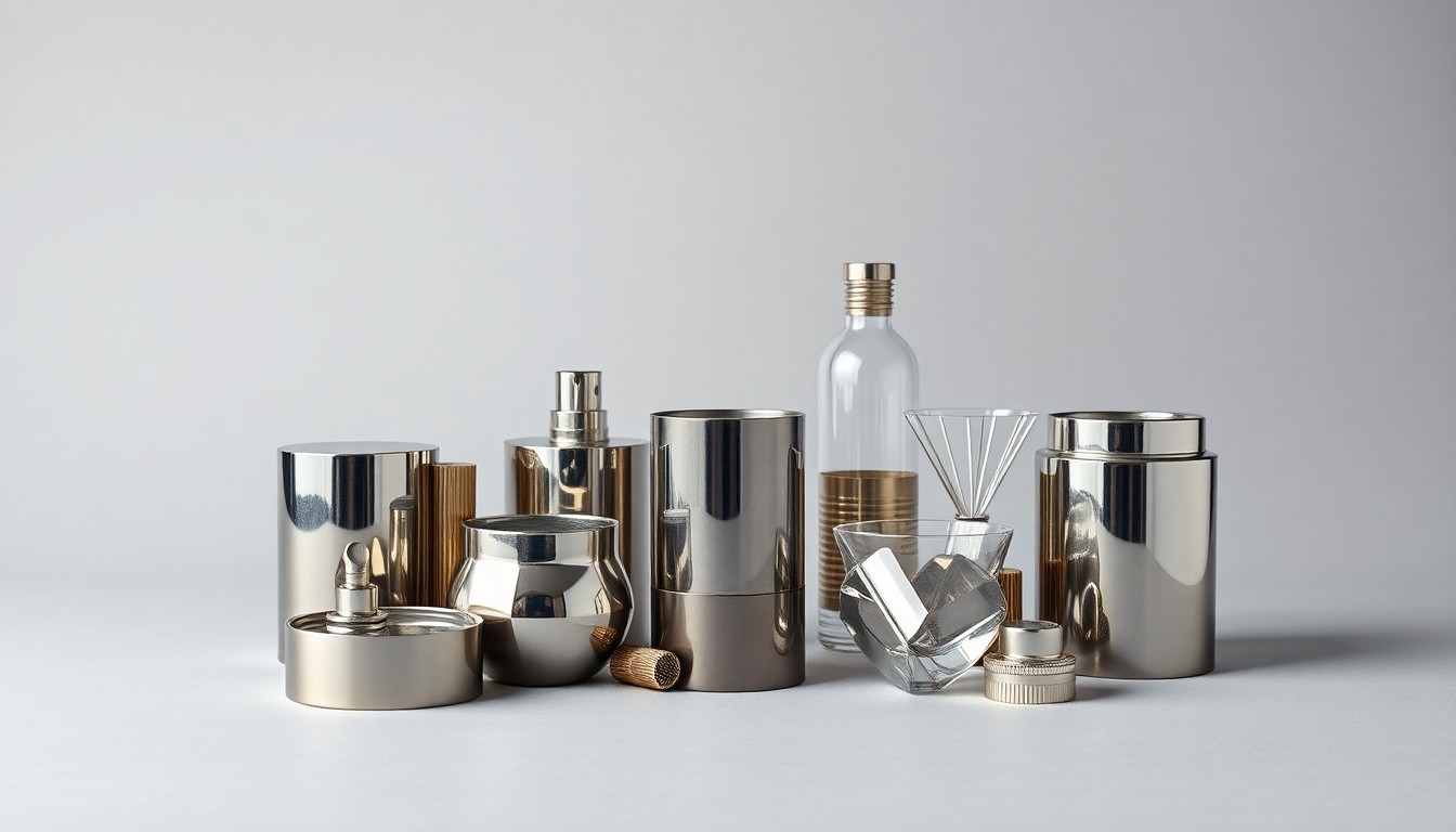 A minimalist studio still life photograph featuring a collection of sleek, reflective metal and glass objects arranged in a clean, geometric composition on a solid grey background, conceptually representing the complex financial and strategic considerations behind Everett's proposed stadium project.