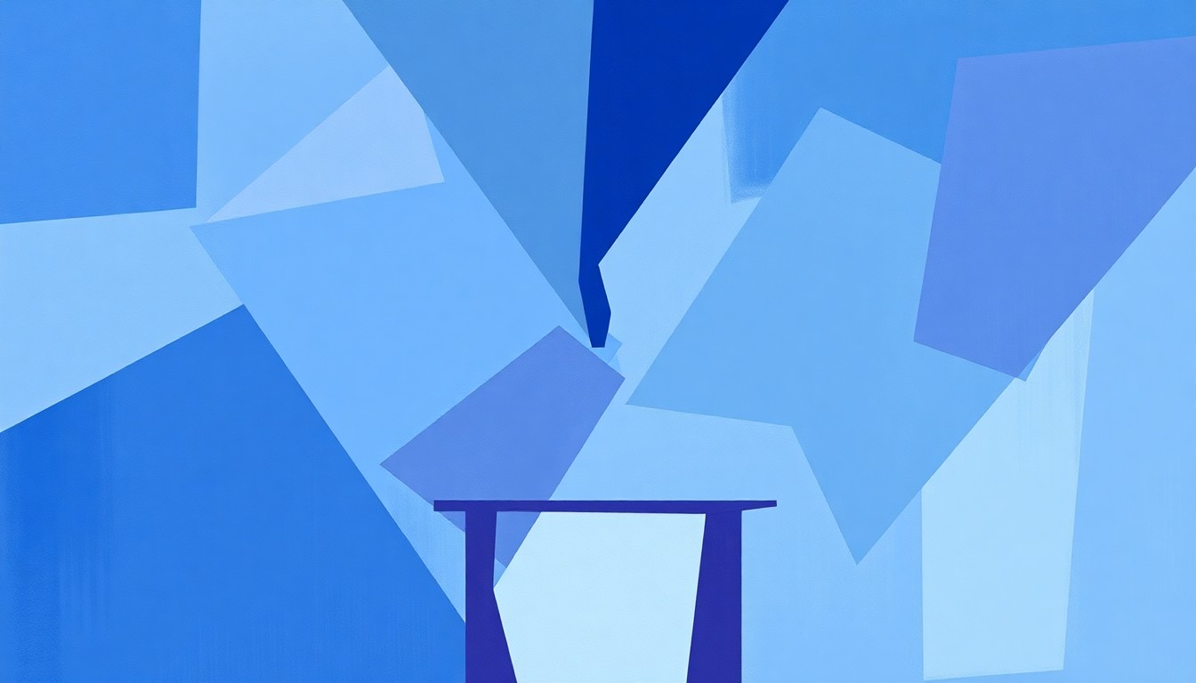 A fractured, overlapping geometric painting of a podium or lectern in shades of blue, grey, and purple, conceptually representing the divisive nature of New York City politics.