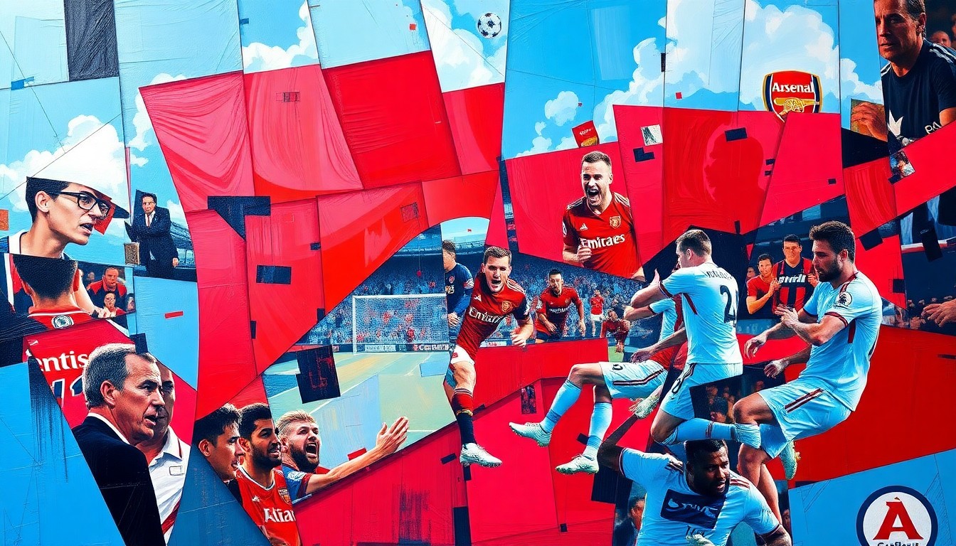 A fractured, cubist-style painting depicting the intense energy and competition of a Premier League match between Arsenal and Manchester City, with the teams' colors clashing and intertwining in sharp, geometric shapes.