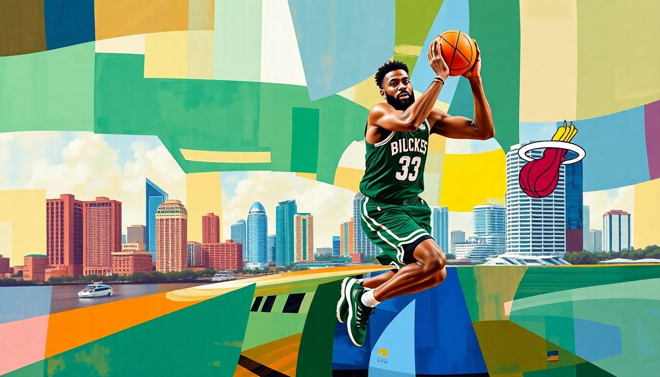 A cubist, geometric painting depicting Giannis Antetokounmpo's basketball movements and the Miami skyline, with vibrant colors representing the Milwaukee Bucks and Miami Heat team palettes, conceptually illustrating the trade rumors surrounding the NBA star.