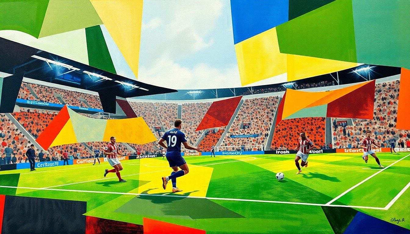 A fragmented, abstract painting in the style of Pablo Picasso, depicting a Cardiff City football match broken down into sharp, overlapping geometric shapes and planes of color, capturing the energy and movement of the game.