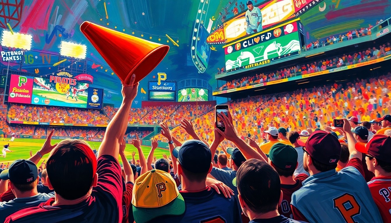 An abstract, energetic painting in neon colors depicting the celebratory hoisting of a traffic cone by Pittsburgh Pirates fans, capturing the raw emotion and excitement of the team's new victory tradition.