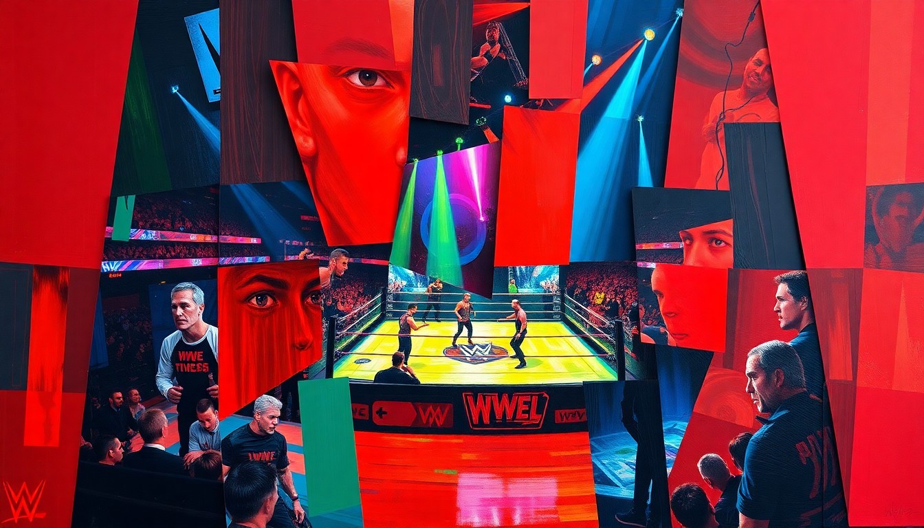 A cubist, geometric painting depicting a chaotic wrestling match, with overlapping planes of color and movement capturing the raw energy and drama of the event.