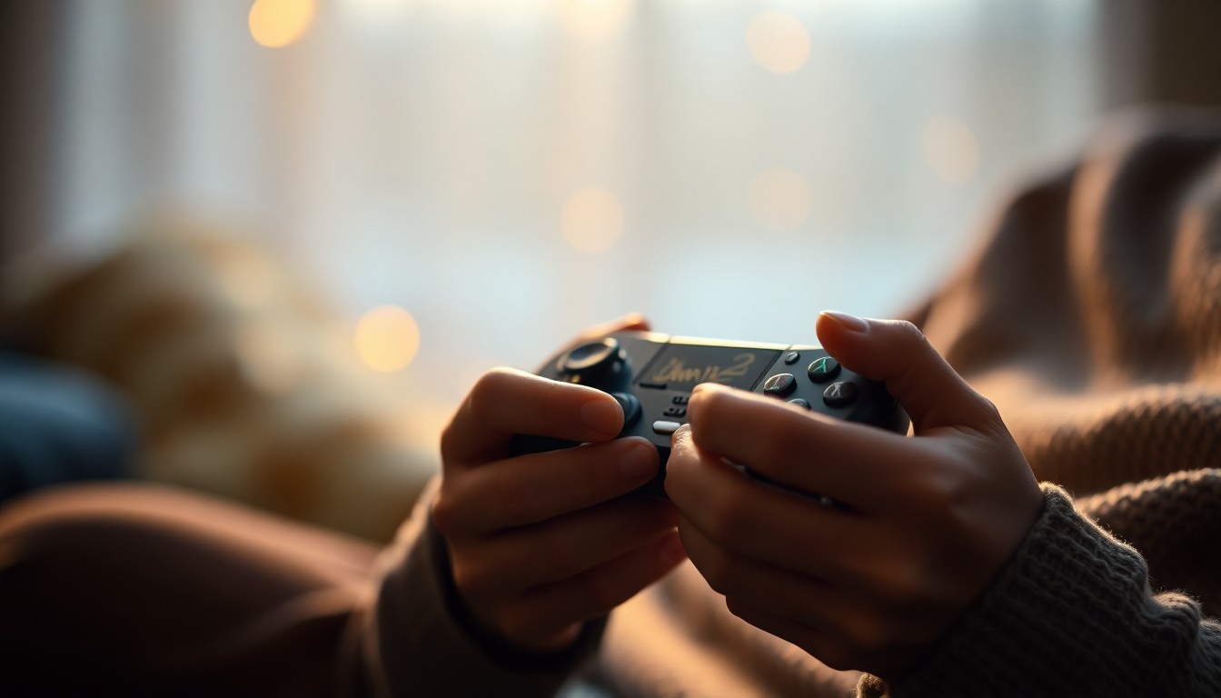A softly blurred, abstract photograph of an elderly person's hands holding a video game controller, surrounded by warm, golden light, conceptually representing the joy and solitude of a lifelong hobby.