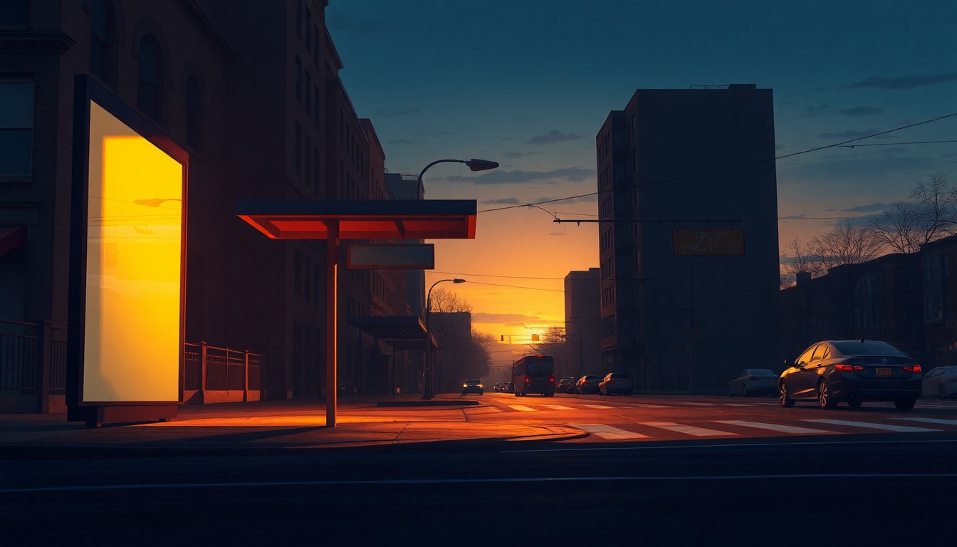 A serene, cinematic painting of an empty Baltimore street at dusk, with a lone bus shelter bathed in warm, diagonal sunlight and deep shadows, conceptually representing the uncertainty surrounding the future of the city's Red Line transit project.