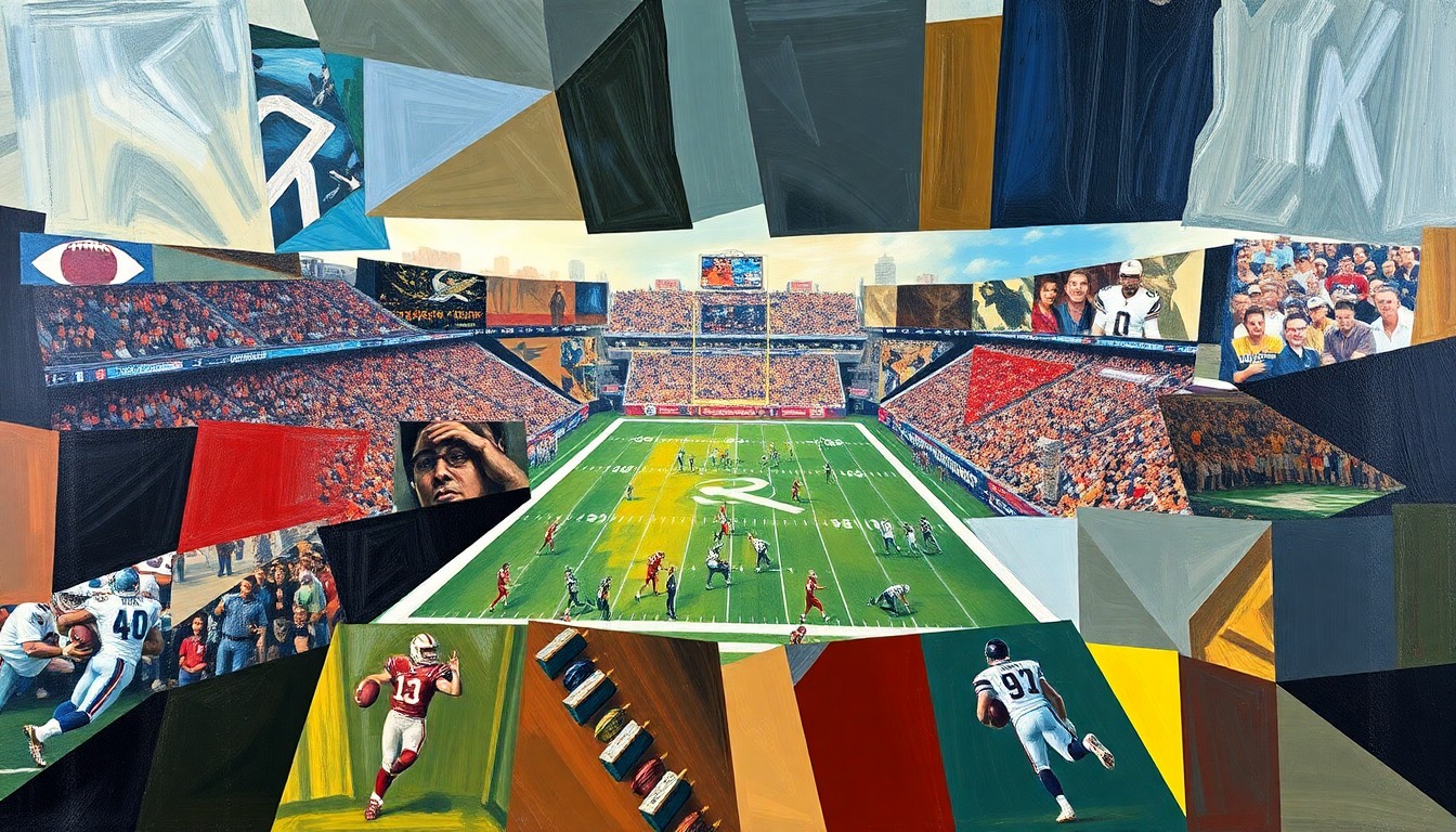 A cubist, geometric painting depicting fragmented and overlapping shapes representing a football game or NFL draft scene, conveying the complex decision-making process the 49ers face in the upcoming draft.