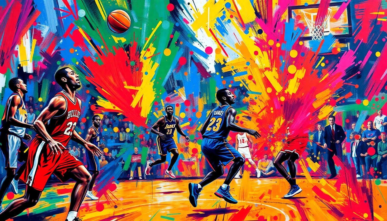 An abstract, expressionist painting featuring bold, energetic brushstrokes in neon shades of red, orange, and blue, evoking the intensity and excitement of an NBA playoff game.