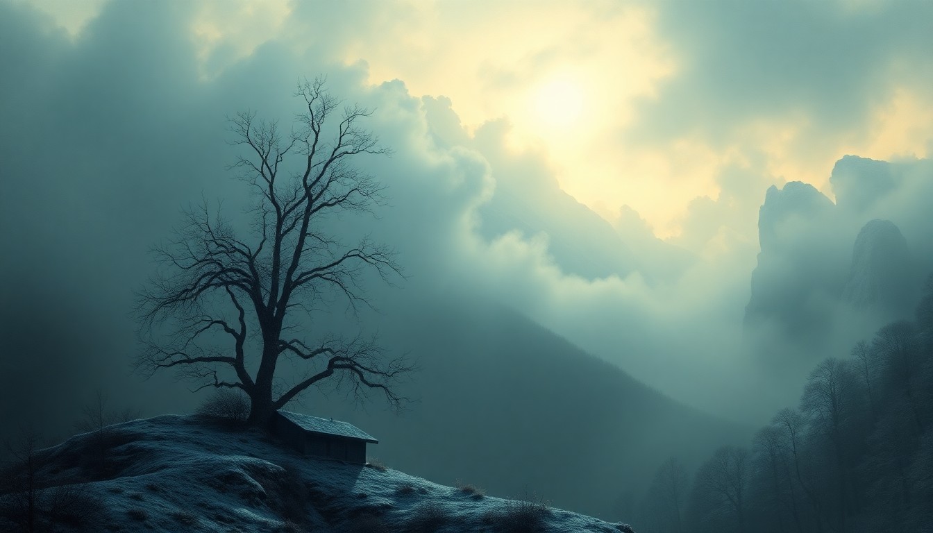 A vast, atmospheric landscape painting in muted tones of gray, blue, and white, depicting a lone, bare tree or structure silhouetted against a backdrop of heavy fog and a pale, wintry sky, conveying the overwhelming power and unpredictability of the natural world.
