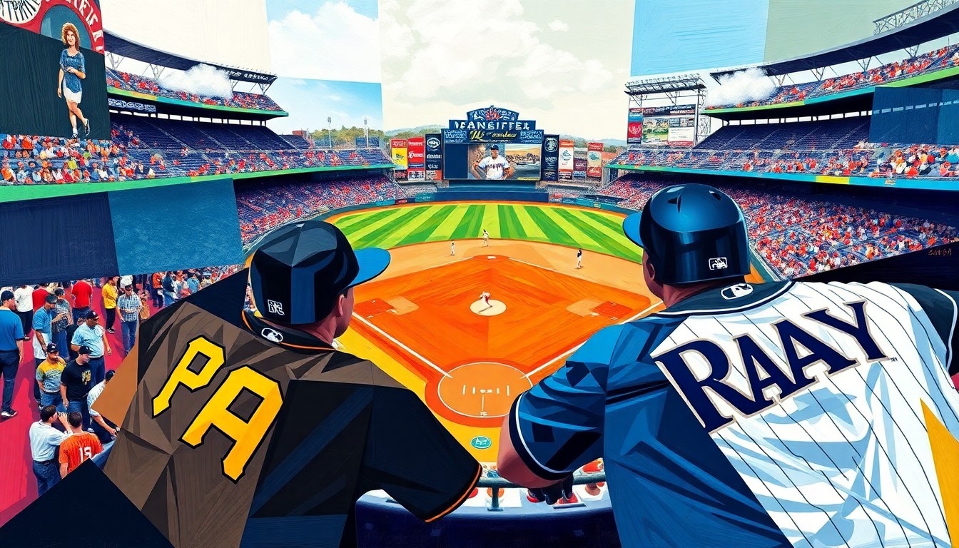 A fractured, geometric painting depicting a baseball game, with the vibrant colors of the teams' uniforms breaking down into sharp, overlapping planes, conveying the intensity of the matchup.