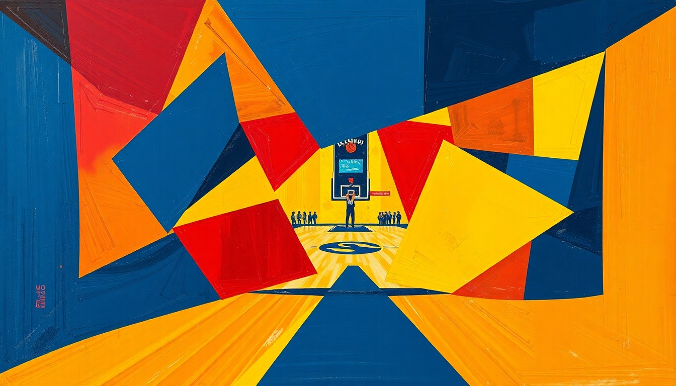 A fragmented, geometric painting in shades of navy, crimson, and gold, depicting the dynamic action of a college basketball game in an abstract, cubist style.