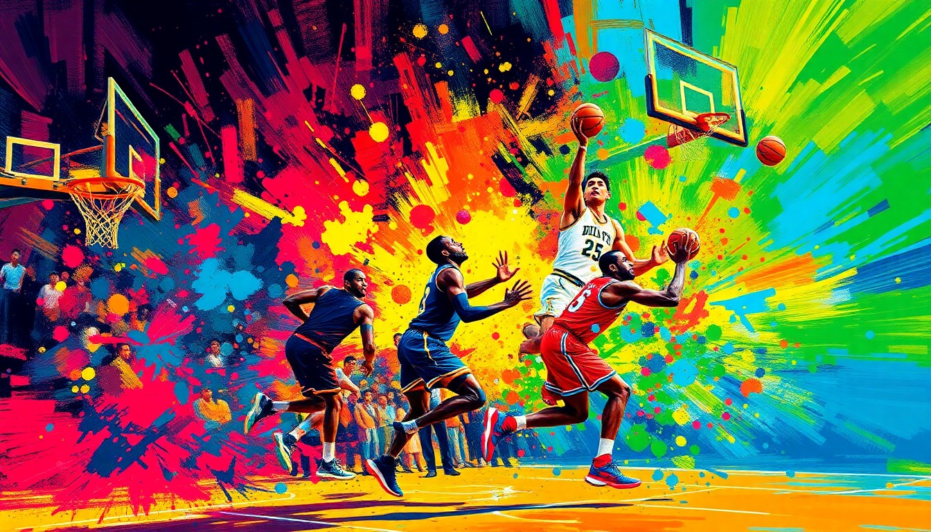 An abstract, expressionist painting in neon colors, capturing the raw energy and emotion of a basketball game, with players' forms dissolving into unrecognizable splatters of color.