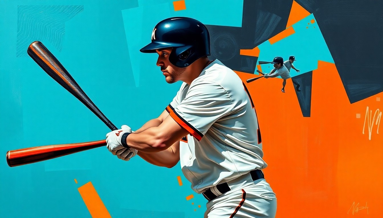 A fractured, multi-perspective painting in a cubist style, breaking down a baseball player's batting stance or swing into sharp, overlapping geometric planes in the vibrant colors of the Miami Marlins' team palette.