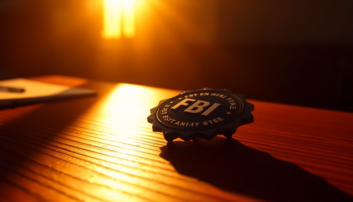 A close-up view of an FBI badge resting on a wooden desk, the badge's metallic surface reflecting the warm, golden light that casts deep shadows across the scene, creating a pensive, cinematic mood.