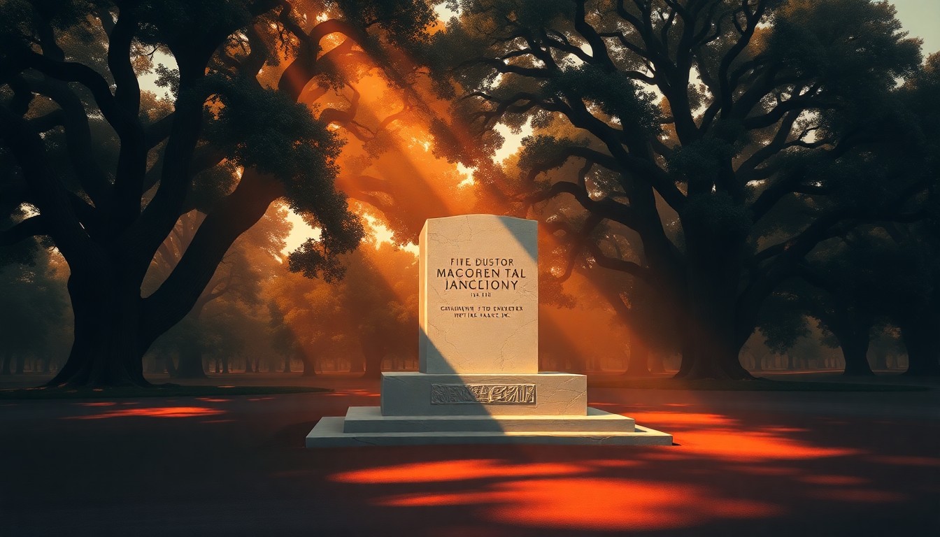 A serene, photorealistic painting of a granite monument standing tall amidst a backdrop of lush oak trees, the monument's surface reflecting the warm, golden light of the sun.