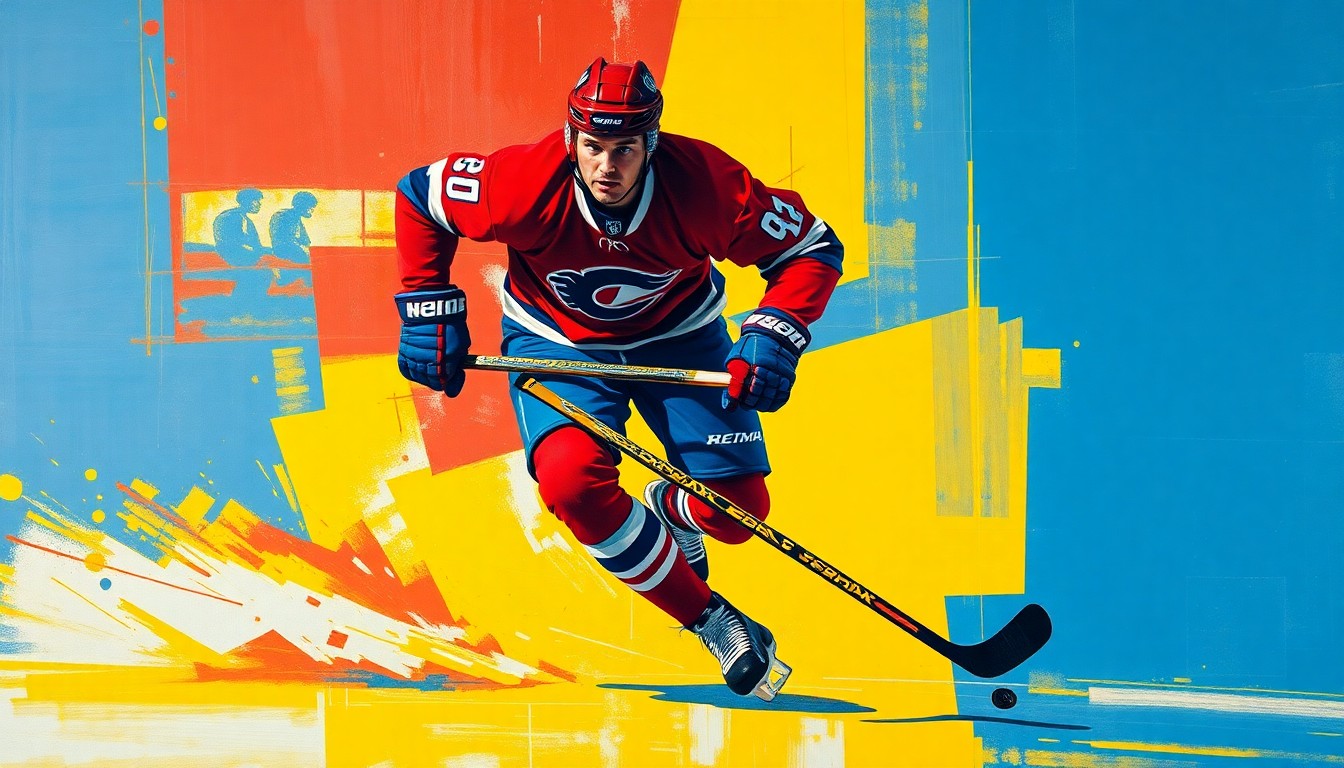 A fragmented, geometric painting depicting a hockey player in motion, with sharp planes of red, blue, and yellow hues creating a dynamic, abstract representation of the player's movements.