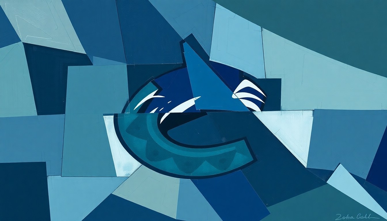 A cubist-style painting featuring overlapping geometric shapes in muted blues, greys, and greens, conceptually representing the chaotic leadership and decision-making within the Vancouver Canucks' front office.