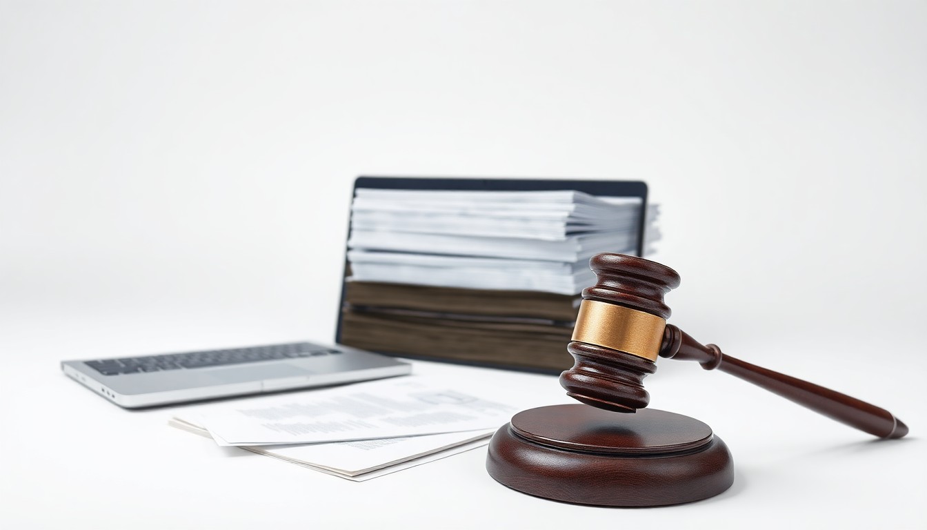 A photorealistic studio still life featuring a stack of legal documents, a laptop, and a gavel on a clean, monochromatic background, conceptually representing the abstract ideas of corporate strategy, finance, and legal risk.
